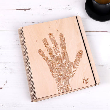 Notizbuch mit Holztafeln Motiv Hand